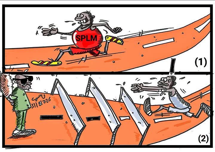 Two-panel cartoon contrasting an open road for a runner marked SPLM with hurdles for another runner