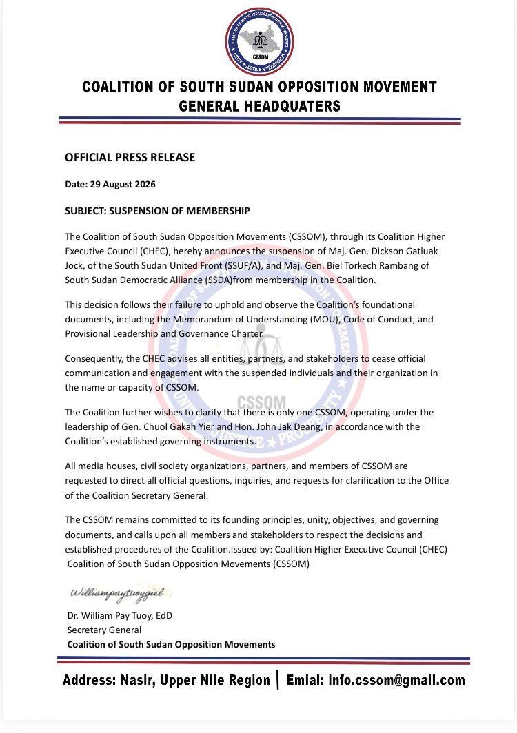 Supplied CSSOM press release dated 29 August 2026 announcing suspension of two members