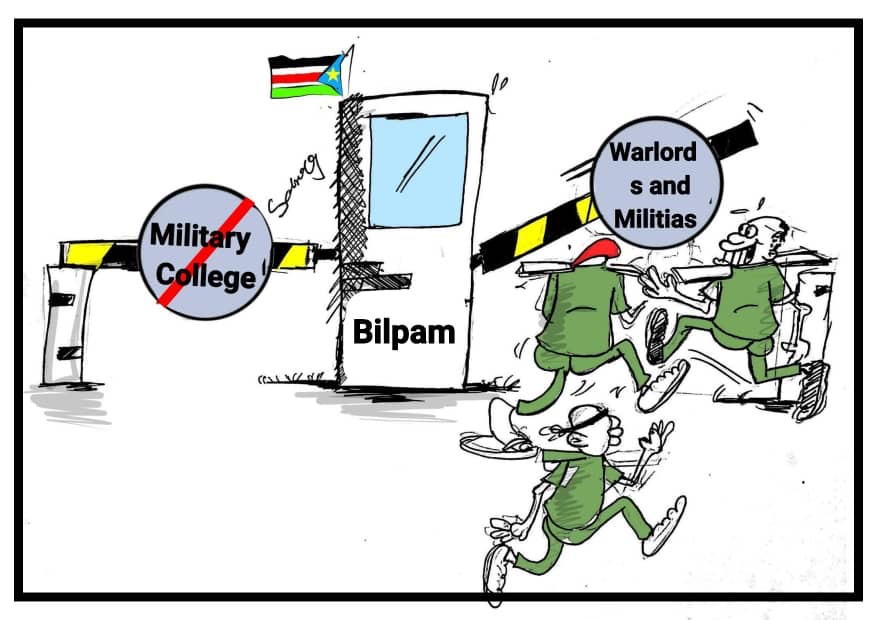 Solongo cartoon showing a crossed-out Military College sign at Bilpam and a gate marked Warlords and Militias