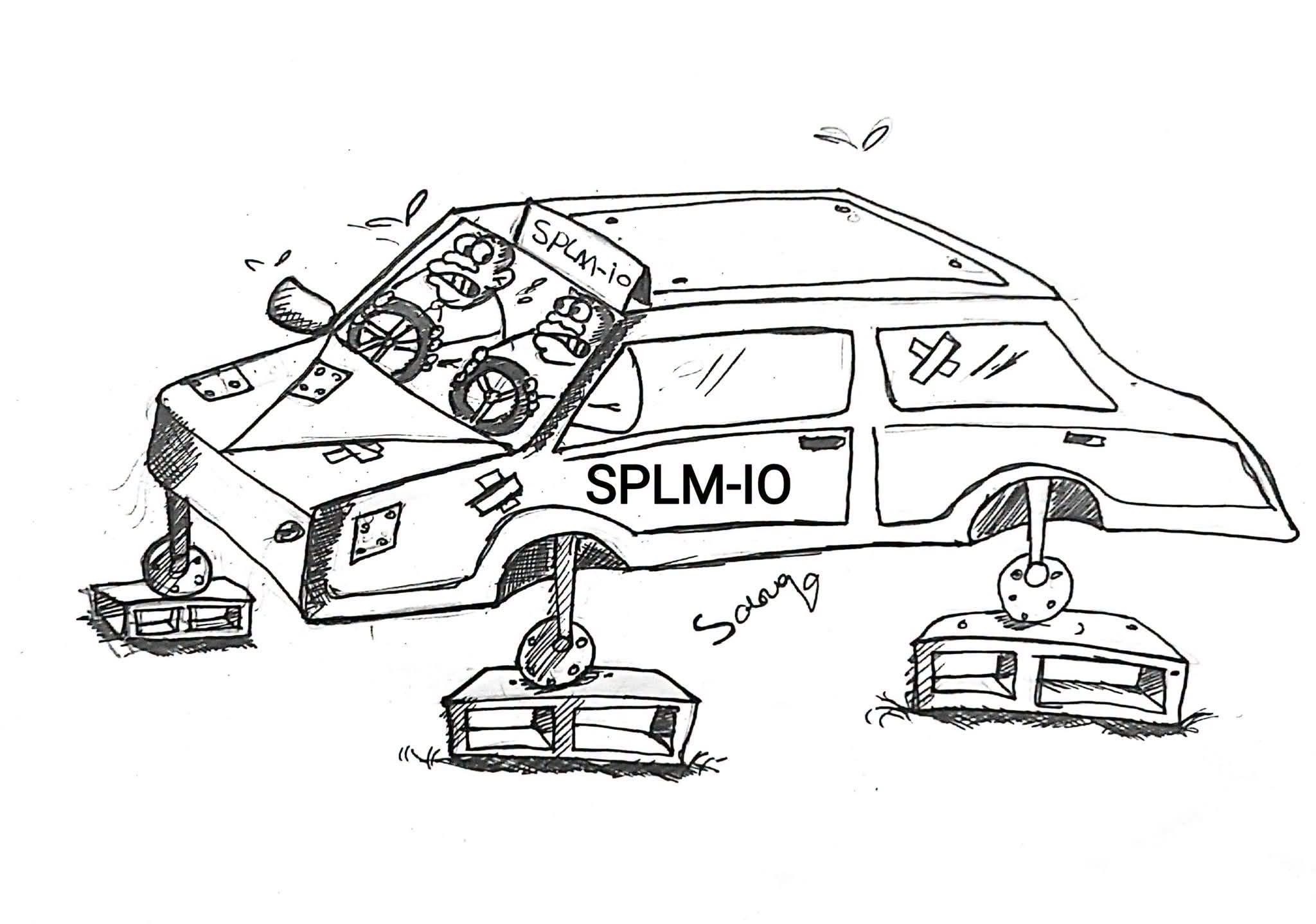 Solongo cartoon of an SPLM-IO car on blocks with two drivers