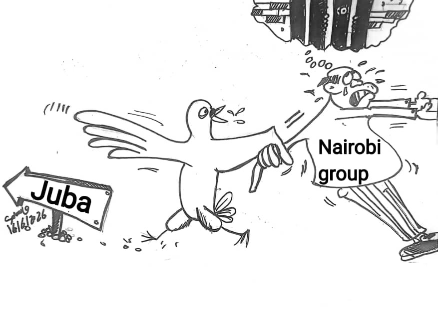 Solongo cartoon of a dove pulling the Nairobi group toward Juba