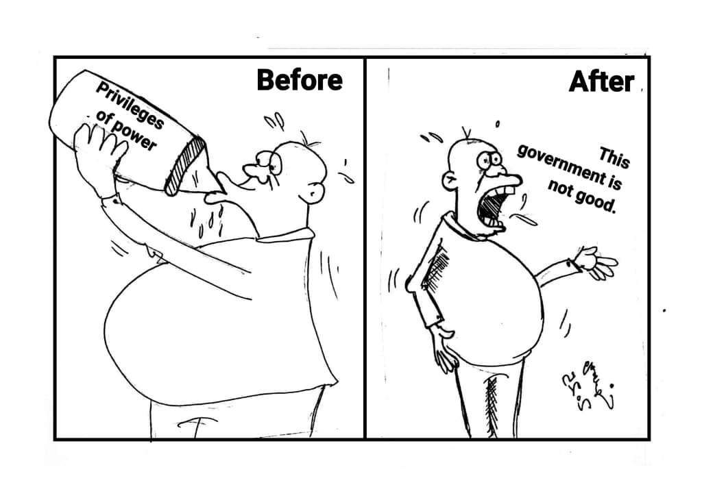 Solongo two-panel cartoon about the privileges of power and criticism after office