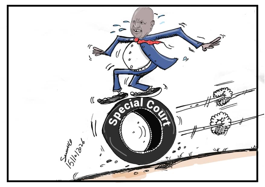 Solongo’s editorial cartoon of a figure balancing on a Special Court tyre