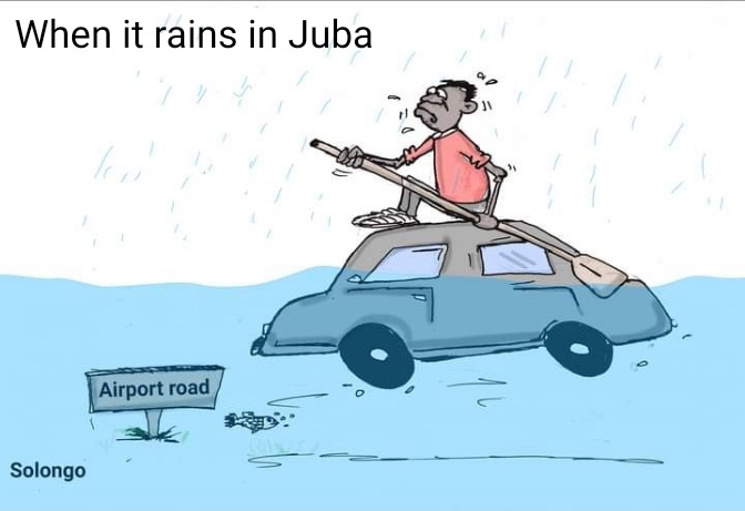 Solongo cartoon showing a person paddling from the roof of a car through floodwater on Airport Road