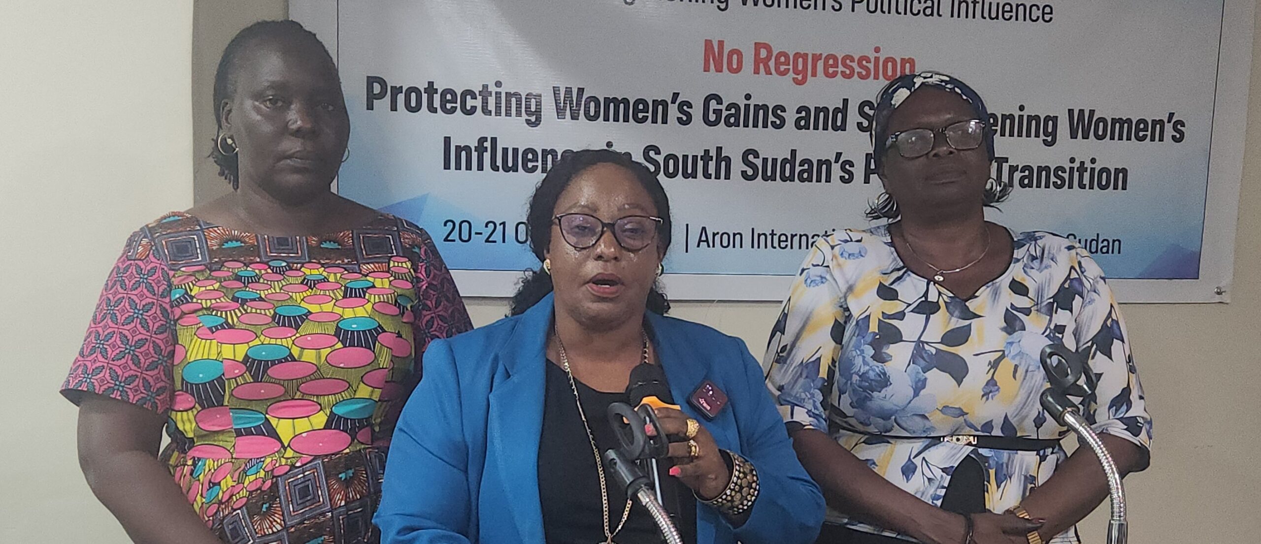 Angelina Mathijo Bazugba, Jackline Nasiwa and Esther Ikere Eluzai at the 21 October communiqué presentation. Photo: Radio Tamazuj.