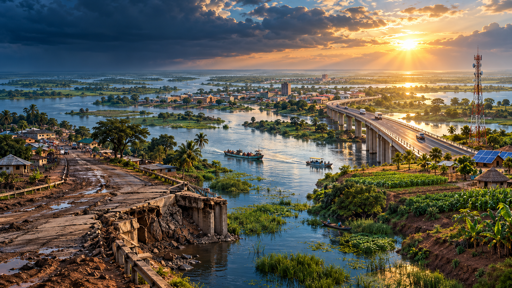 Illustration of Upper Nile at a crossroads between damaged and resilient infrastructure