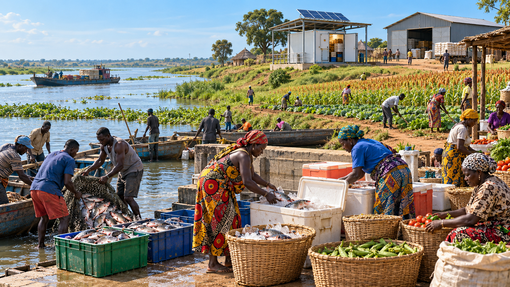 Illustration of fish trade, agriculture, cold storage and river transport in Upper Nile
