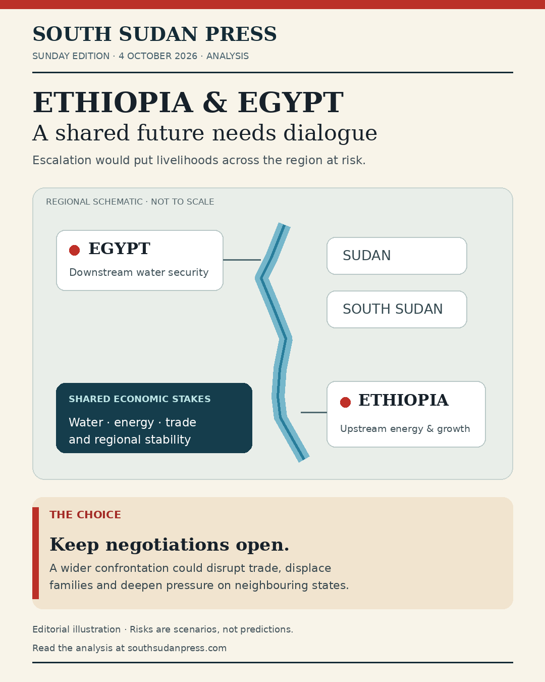 Editorial regional schematic showing Egypt, Sudan, South Sudan and Ethiopia along the Nile basin, with a call to keep negotiations open