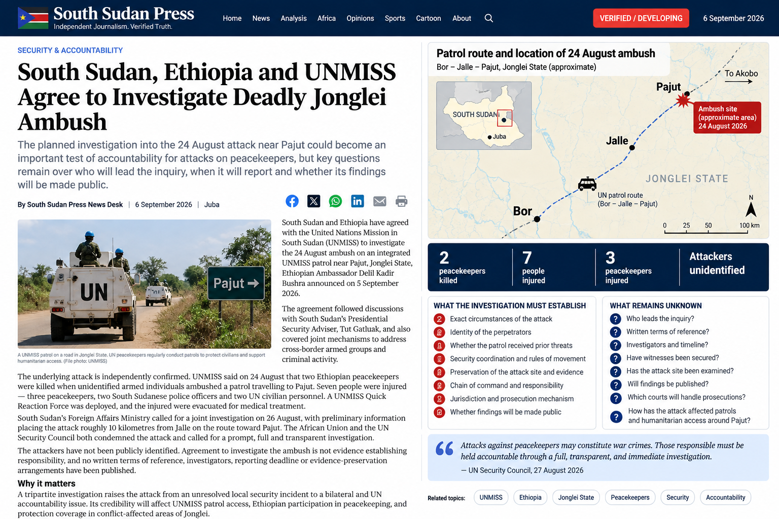 South Sudan Press accountability graphic on the UNMISS patrol ambush near Pajut, Jonglei State