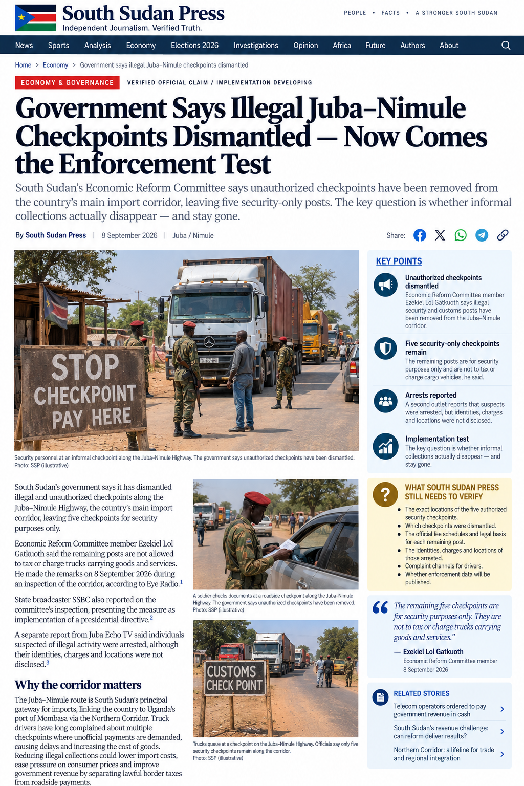 Editorial illustration showing cargo trucks and a roadside checkpoint on the Juba–Nimule corridor