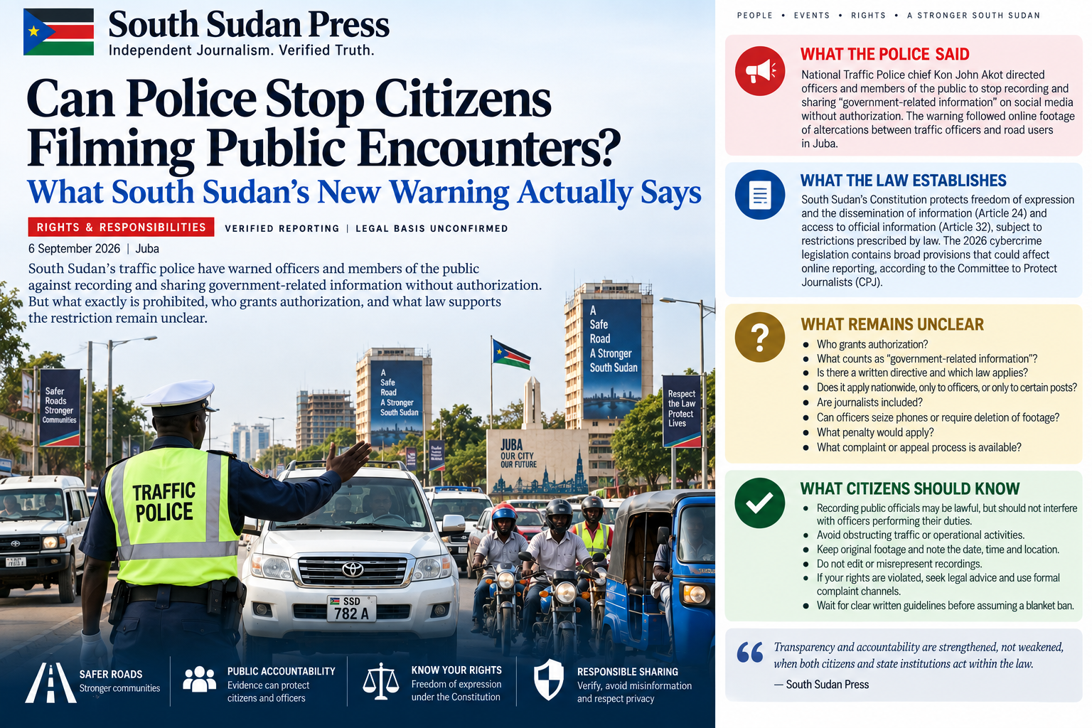 Editorial illustration of a South Sudan traffic encounter