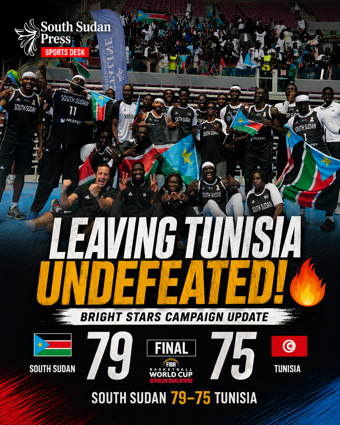 South Sudan Bright Stars celebrate after defeating Tunisia 79-75