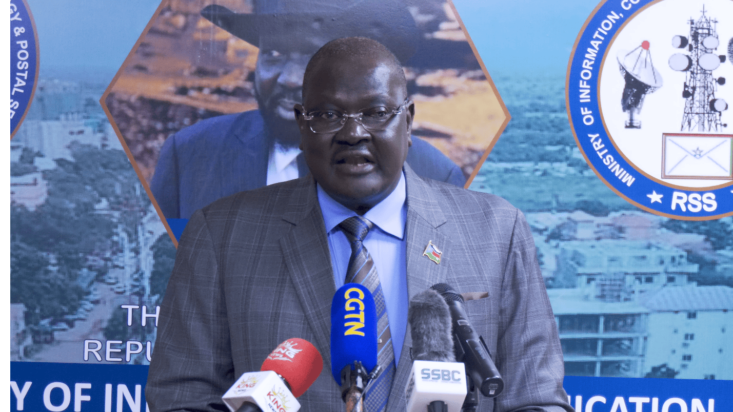 Official speaking in front of a South Sudan information ministry backdrop; supplied image