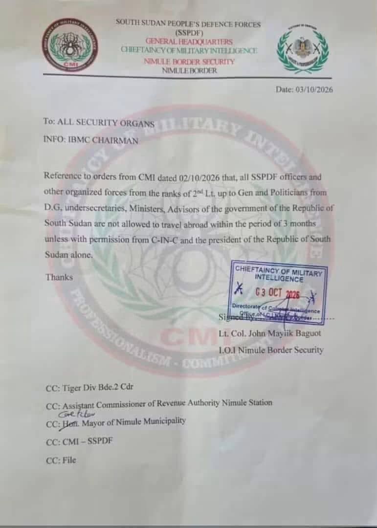 Forwarded image of a notice attributed to SSPDF military intelligence at Nimule, dated 3 October 2026; authenticity and enforcement not independently verified