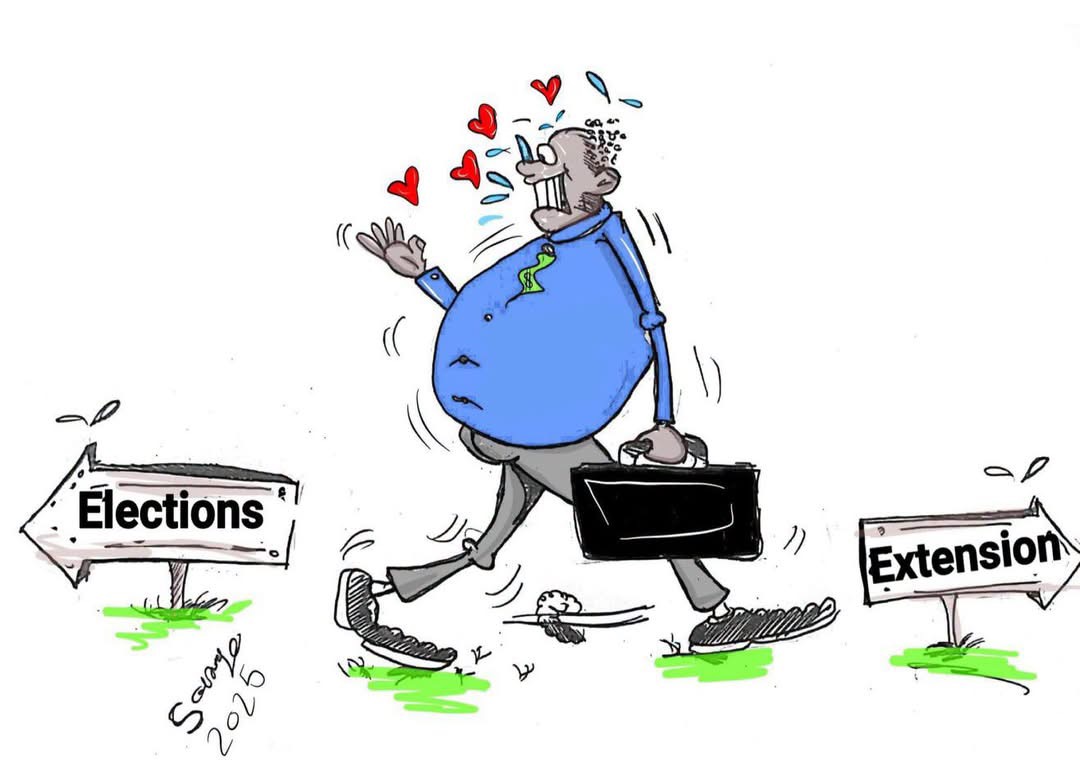 Solongo cartoon: a figure between Elections and Extension signs
