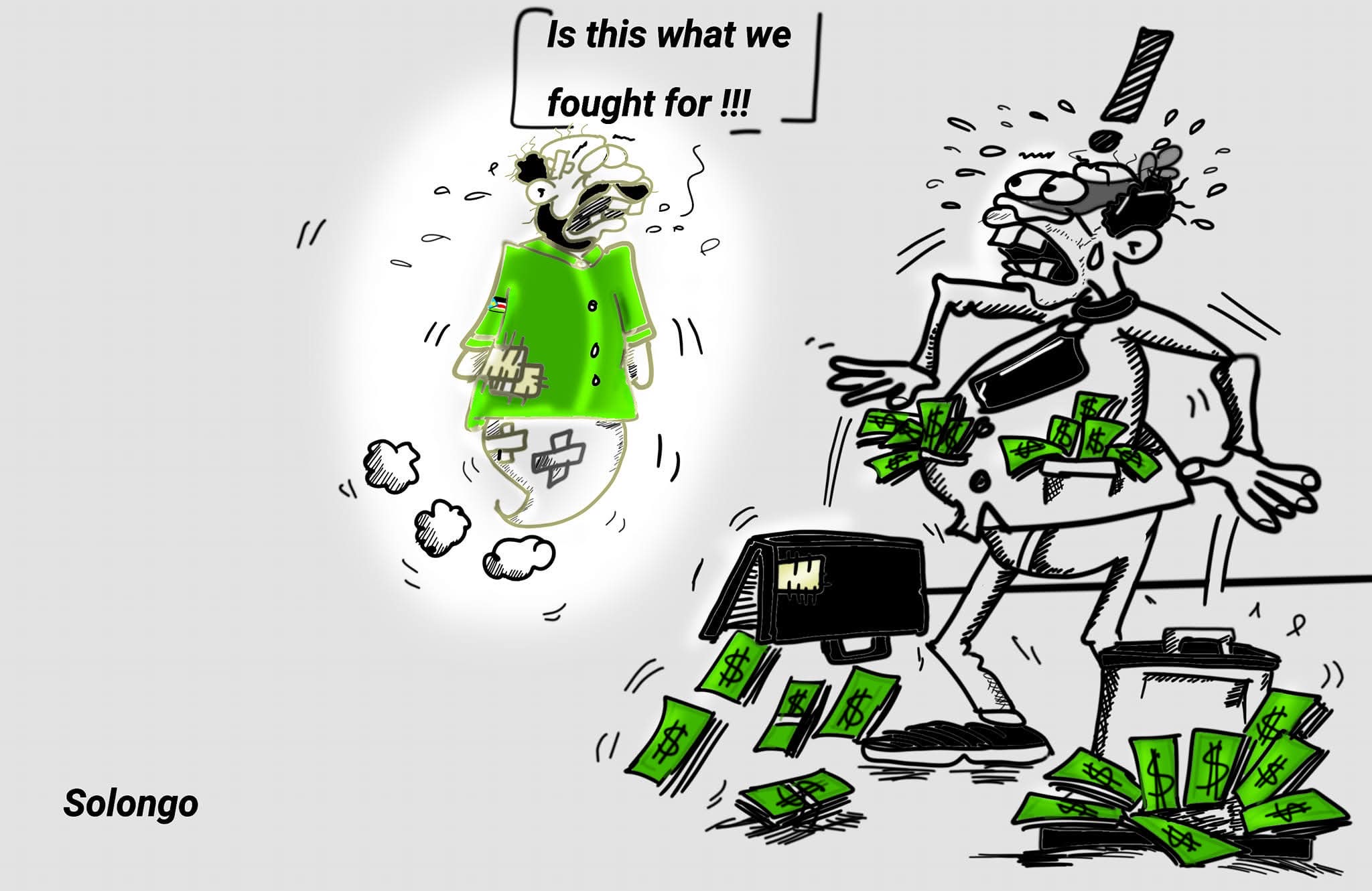 Editorial cartoon by Solongo about liberation ideals and public resources