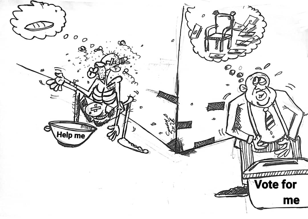 Solongo cartoon contrasting a plea for help with an appeal for votes