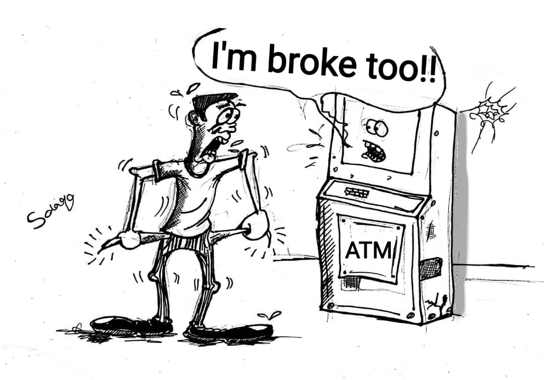 Solongo cartoon of a person with empty pockets and an ATM saying I’m broke too