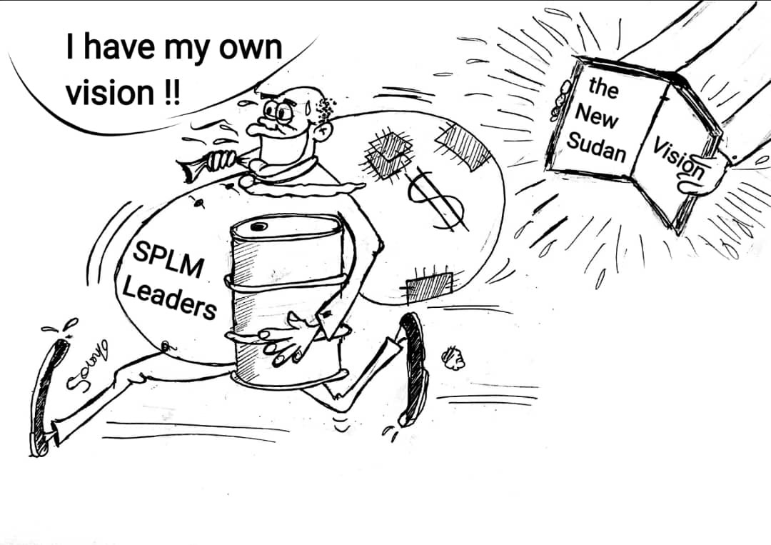 Solongo cartoon showing a figure labelled SPLM Leaders and a book titled The New Sudan Vision