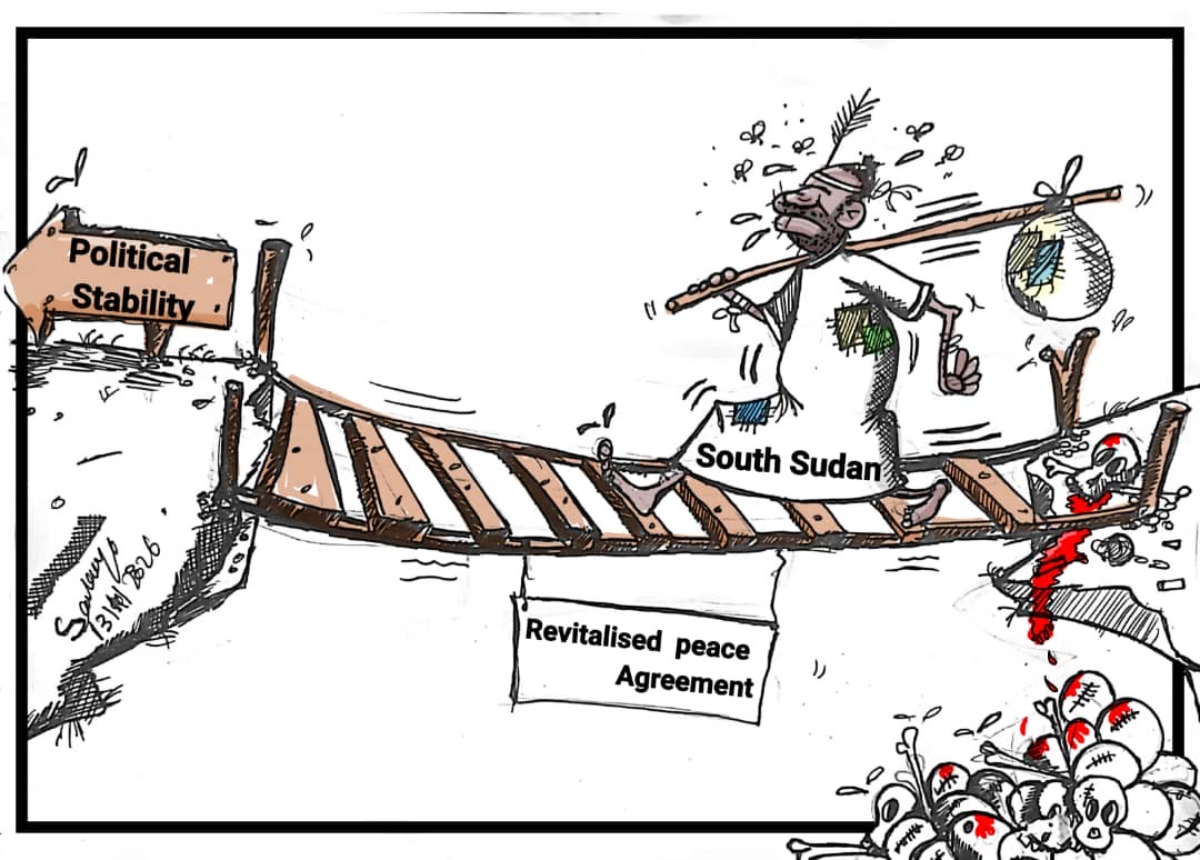 Solongo cartoon depicting South Sudan crossing a damaged bridge labelled Revitalised Peace Agreement toward political stability