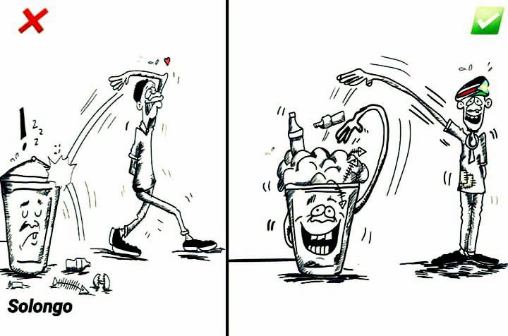 Solongo cartoon: litter dropped beside an unhappy bin contrasted with litter put into a smiling bin