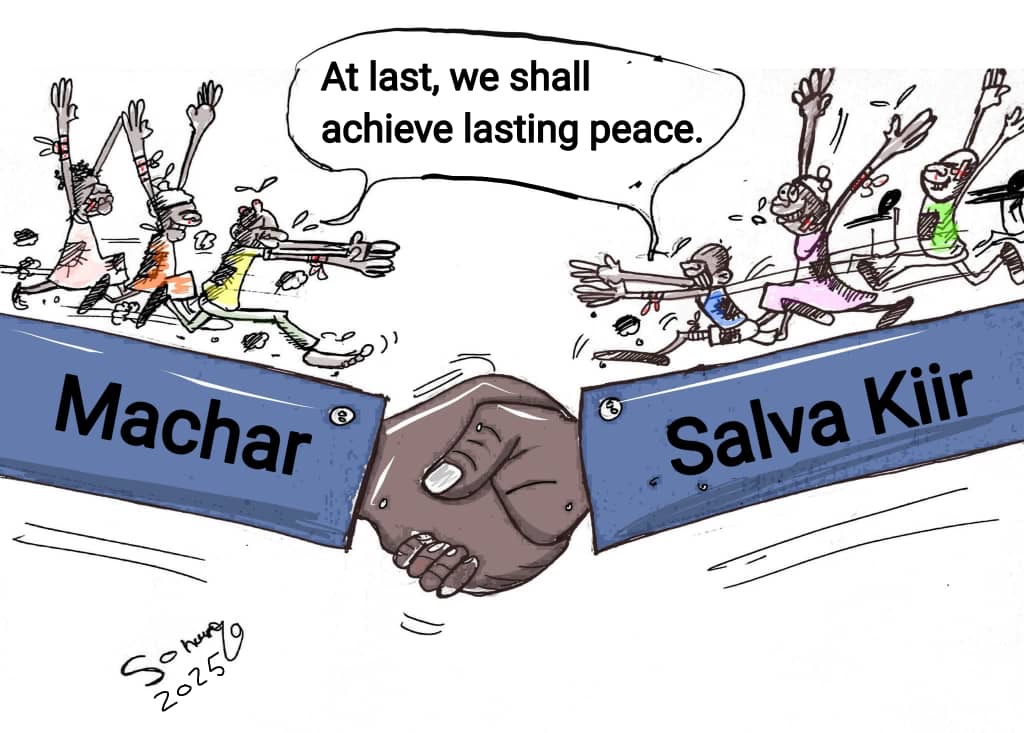 Solongo editorial cartoon of a symbolic Machar–Kiir handshake bridging a gap; artist signature visible