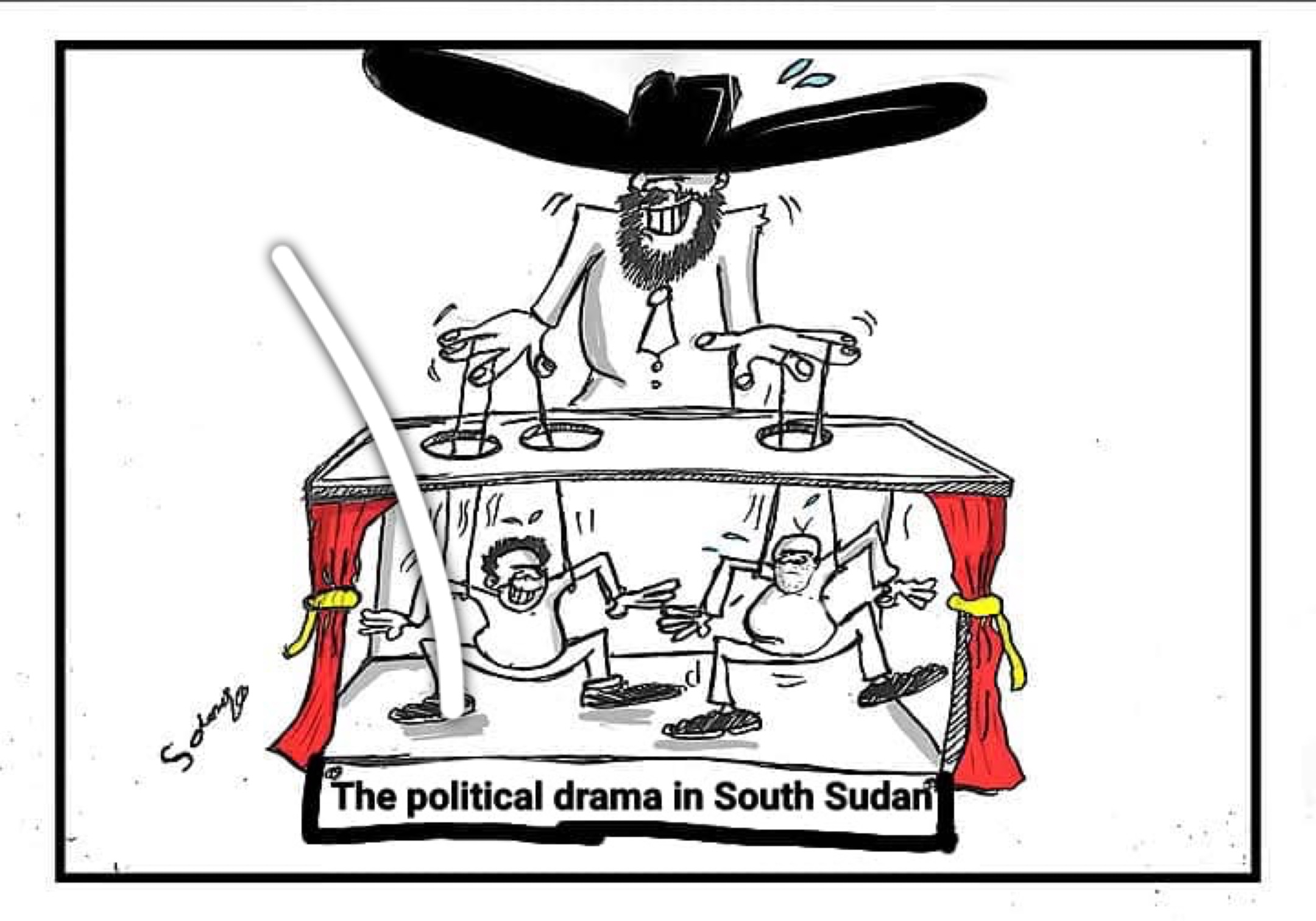 Solongo editorial cartoon of a puppet master and political stage; artist's signature visible